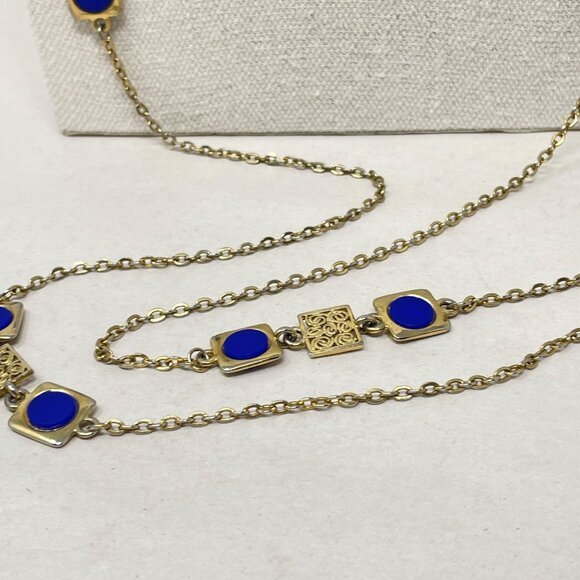 Vintage Long Necklace Blue Gold-Tone Chain‎ Layering Classic Old Money - Picture 2 of 6